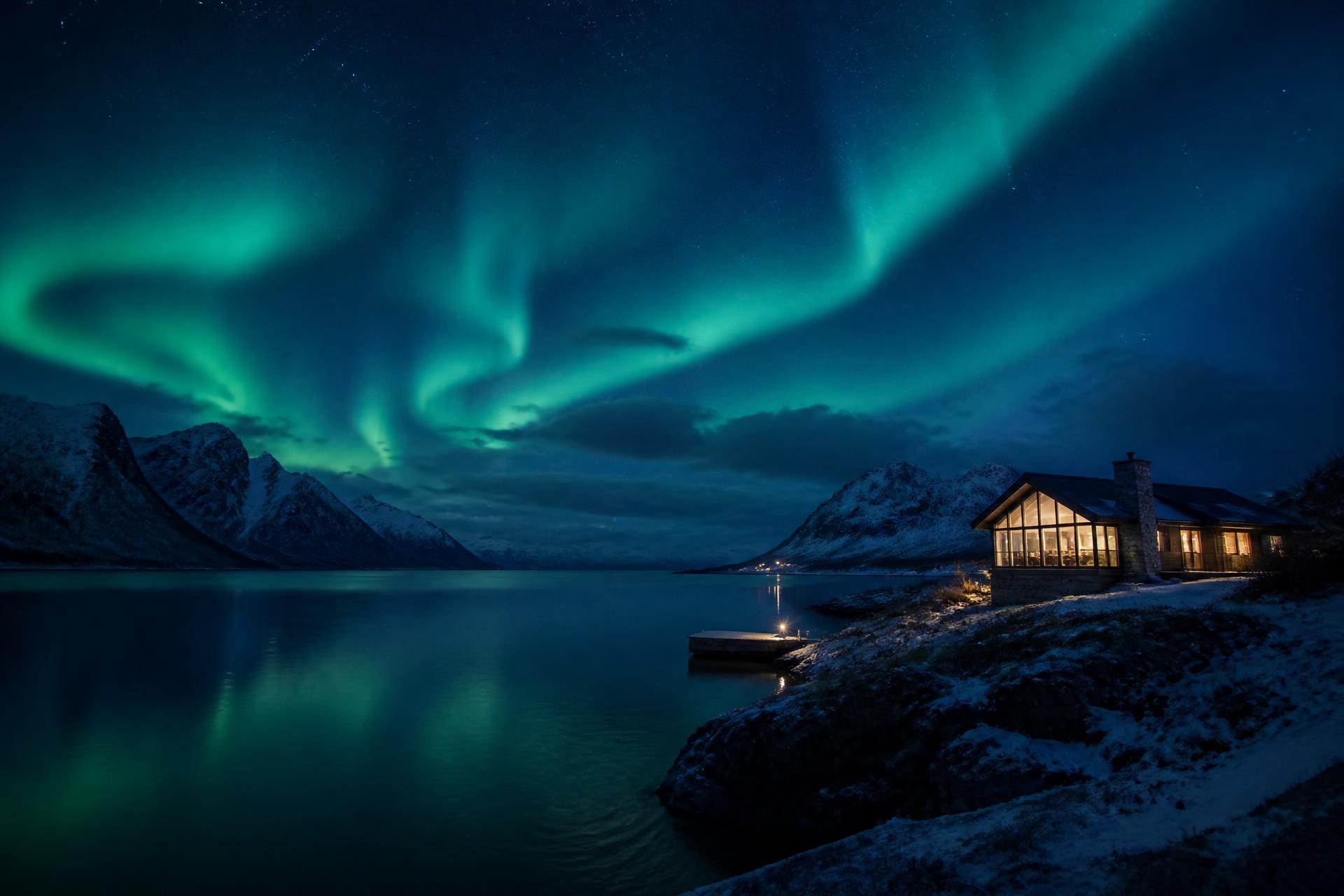 Northern lights over an Arctic fjord and a lone lodge